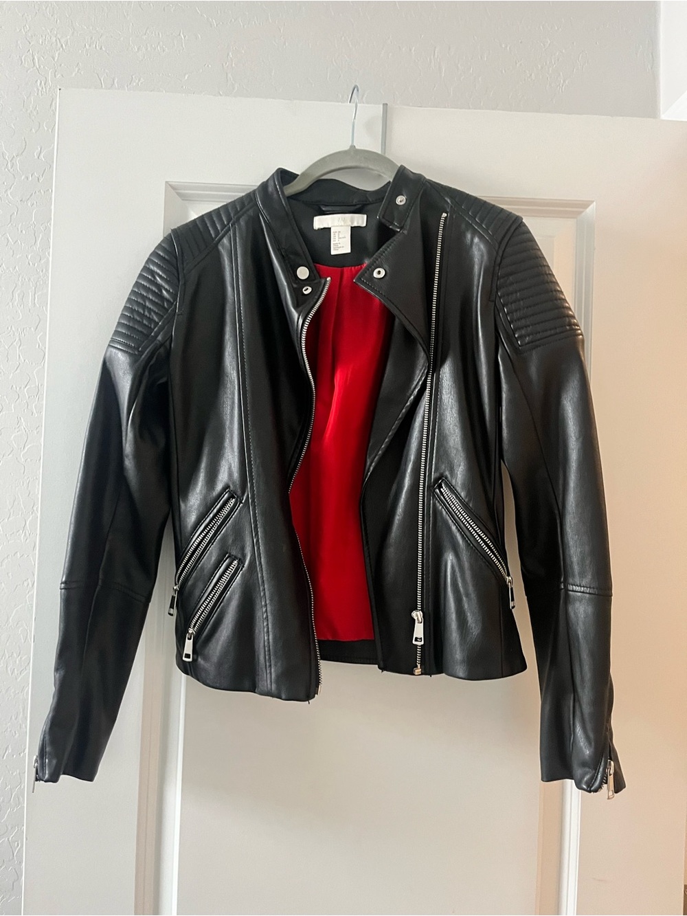 H&M Black Leather Jacket with Red Lining